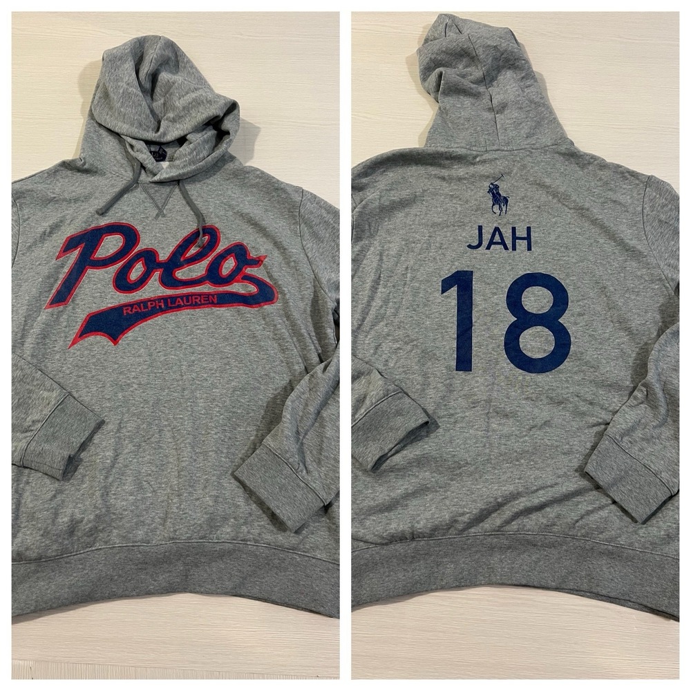Polo Ralph Lauren Grey Hoodie Cursive BigLogo XL JAH 18‎ Printed On Back Size XL